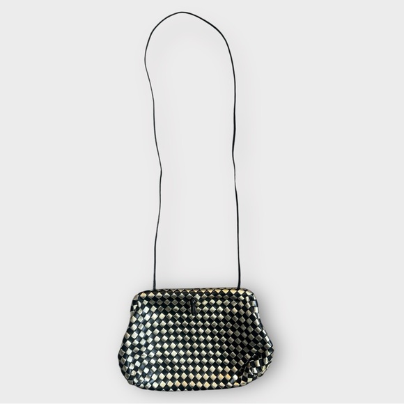 Vintage 80s Black Gold Intrecciato Woven Leather Kisslock Clutch Bag by Sharif